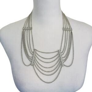 Silver Toned with Rhinestones Multitiered Statement Necklace 21"